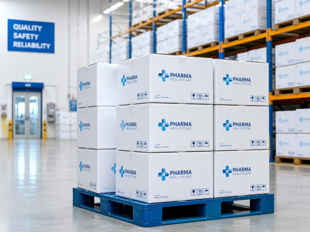 Caixas farmac&ecirc;uticas lacradas em palete dentro de centro de distribui&ccedil;&atilde;o